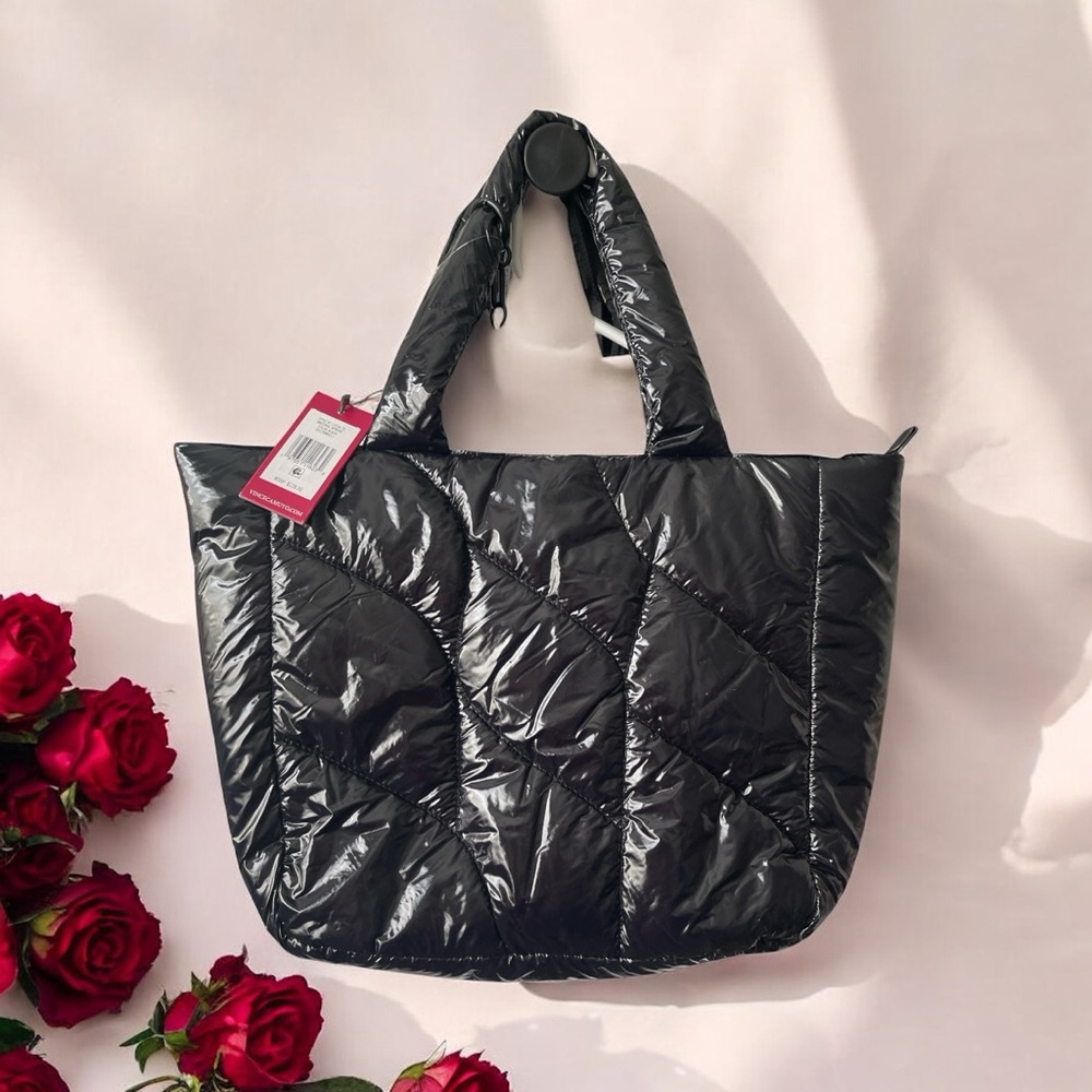 Vince Camuto Black Tote with Quilted Design and Shiny Finish